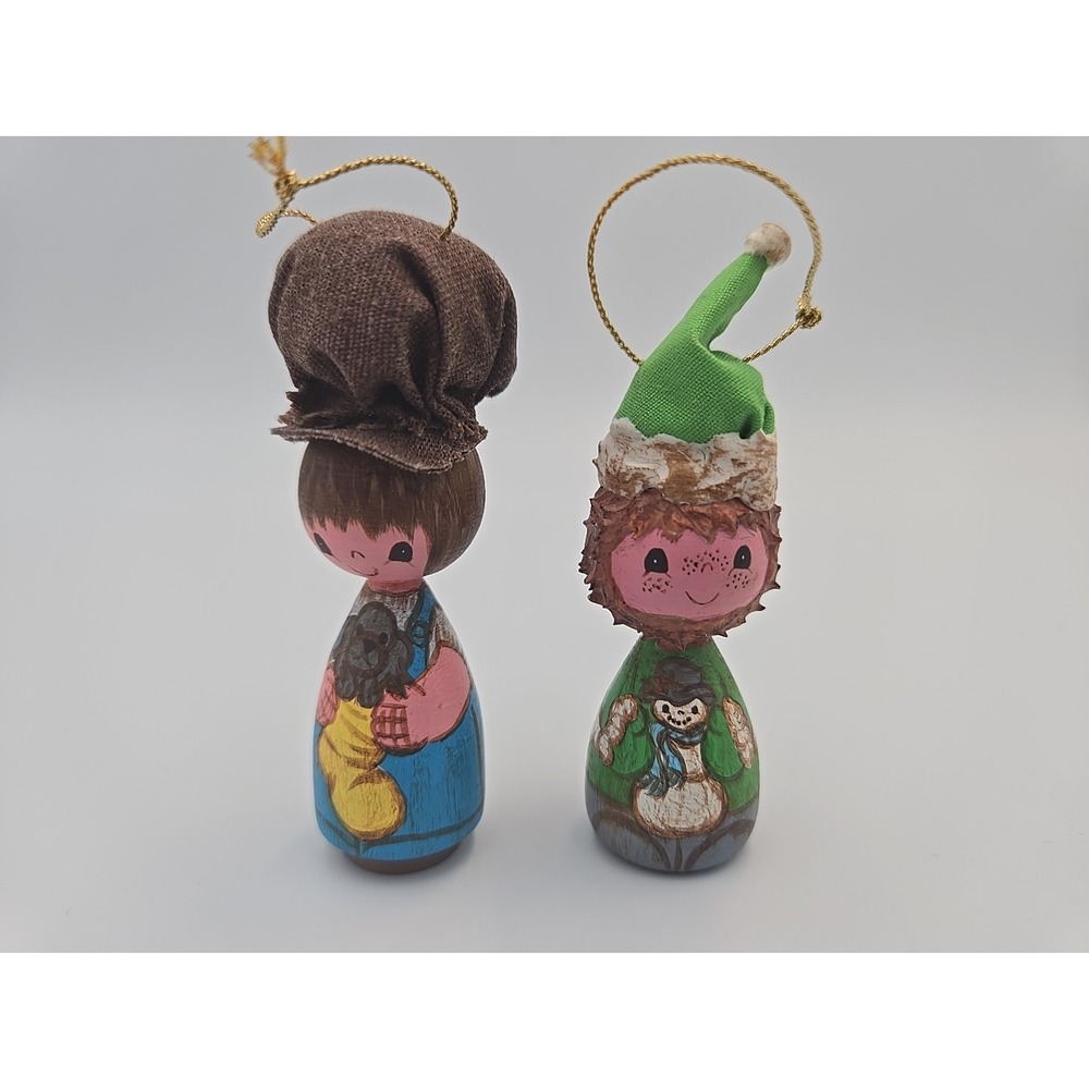 2 Hand Painted Wooden Peg Vintage Christmas Children Folk Ornaments Knit Hats